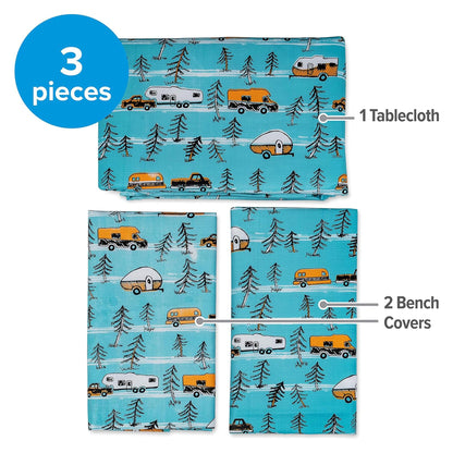 CAMCO 53380 Camco Life is Better at The Campsite Picnic Table Cover with Bench Covers - Provides a Clean Eating Surface for Outdoor Activities - Features an RV and Tree Sketch Design (53380)