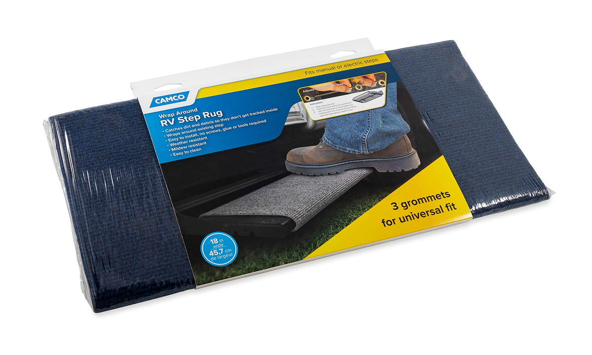 CAMCO 42924 Camco Wrap Around Step Rug | Protects Your RV from Unwanted Tracked in Dirt | Works on Electrical and Manual RV Steps | Blue (42924)