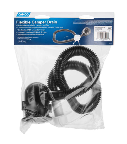 CAMCO 37420 Camco Flexible Camper/RV Drain | Designed for Campers w/Single Sink and No Holding Tanks | Includes 25” of ¾-Inch ID Hose | Crafted of Heavy-Duty Chemical-Resilient Polymer (37420)