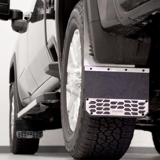 PUTCO 78100 Putco Brushed Stainless Steel HEX Steel Mud Skins - Front Pair - Fits Chevy Silverado 1500 / GMC Sierra 1500 / Dodge Ram Truck 1500 2014-2025