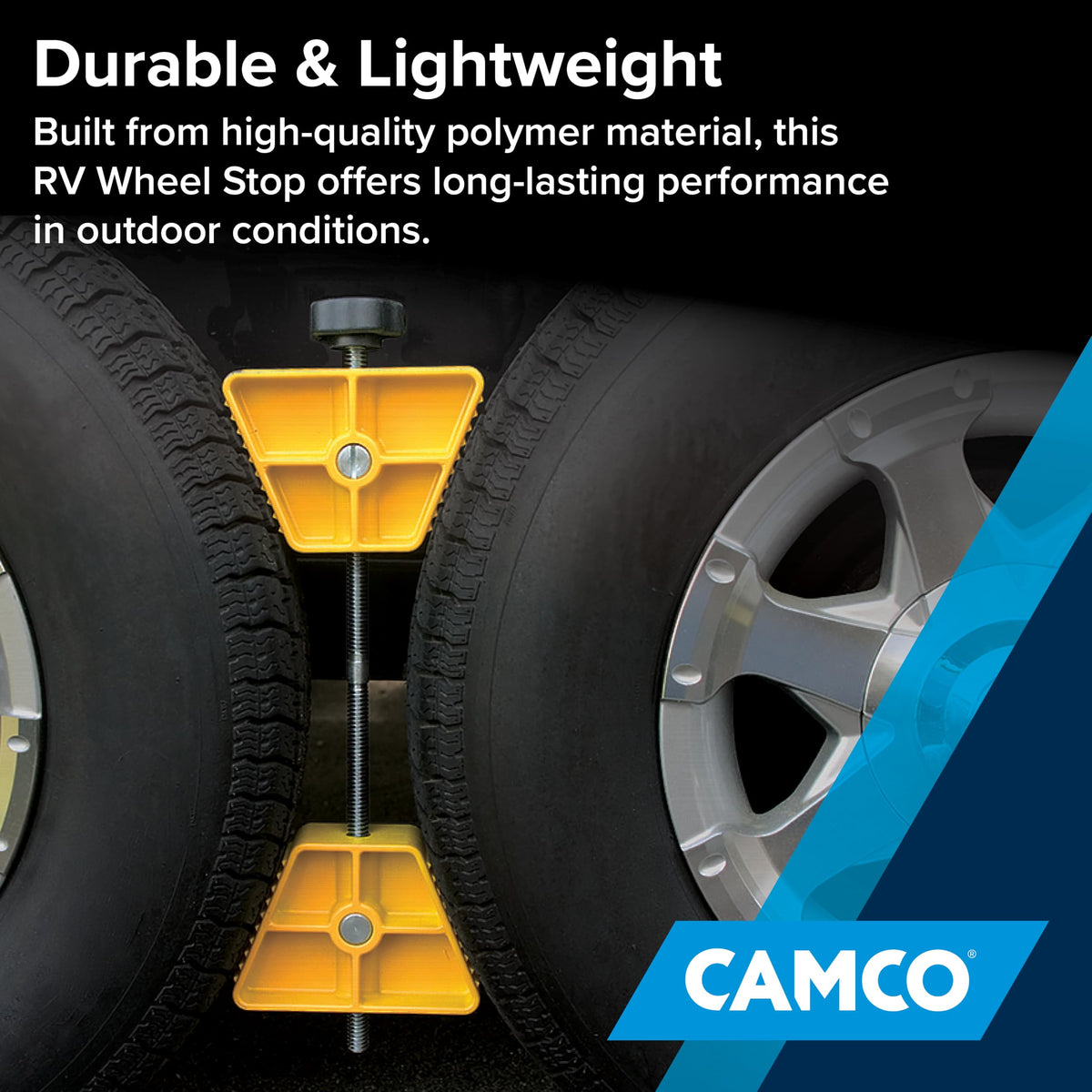 CAMCO 44652 Camco Small RV Wheel Stop - Features a Lightweight Heavy-Duty Design with a Rubber Handle, Prevents Shifting of Trailer Tandem Tires While Parked or Re-Hitching, and Fits 26” to 30” Tires (44652)