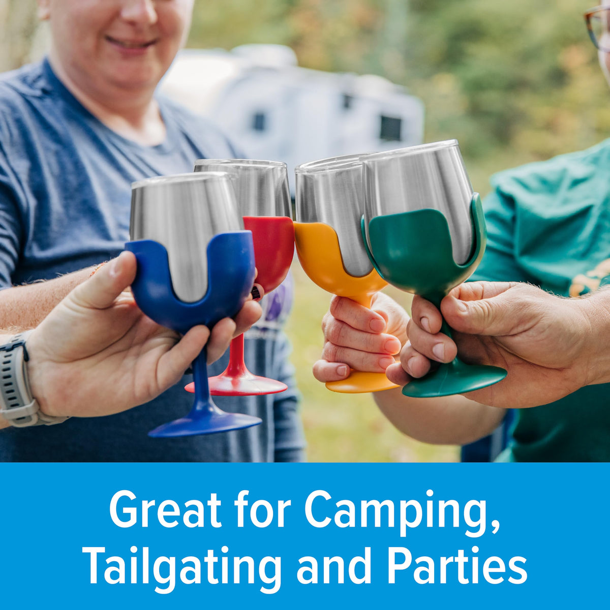 CAMCO 53465 Camco Life is Better at The Campsite Stainless Steel Wine Tumbler 4-Pack - Features Heavy Duty Double Wall Vacuum Insulation & Removable Navy, Red, Green & Yellow Stems - Holds 8-oz Each (53465)