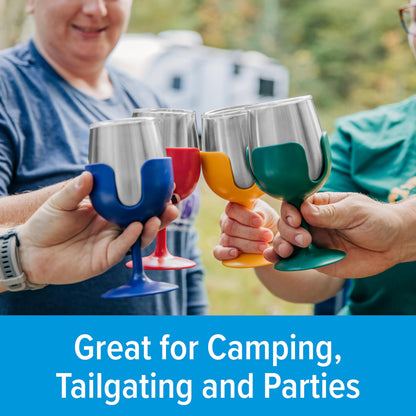 CAMCO 53465 Camco Life is Better at The Campsite Stainless Steel Wine Tumbler 4-Pack - Features Heavy Duty Double Wall Vacuum Insulation & Removable Navy, Red, Green & Yellow Stems - Holds 8-oz Each (53465)