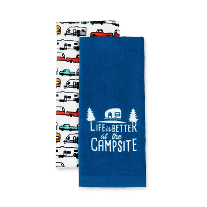 CAMCO 53301 Camco Life is Better at The Campsite Camper/RV Dish Towel Set - Features a Camping/RV Themed Towel & a Navy Blue with White Logo Towel - Designed with 100% Cotton - 2-Pack (53301)
