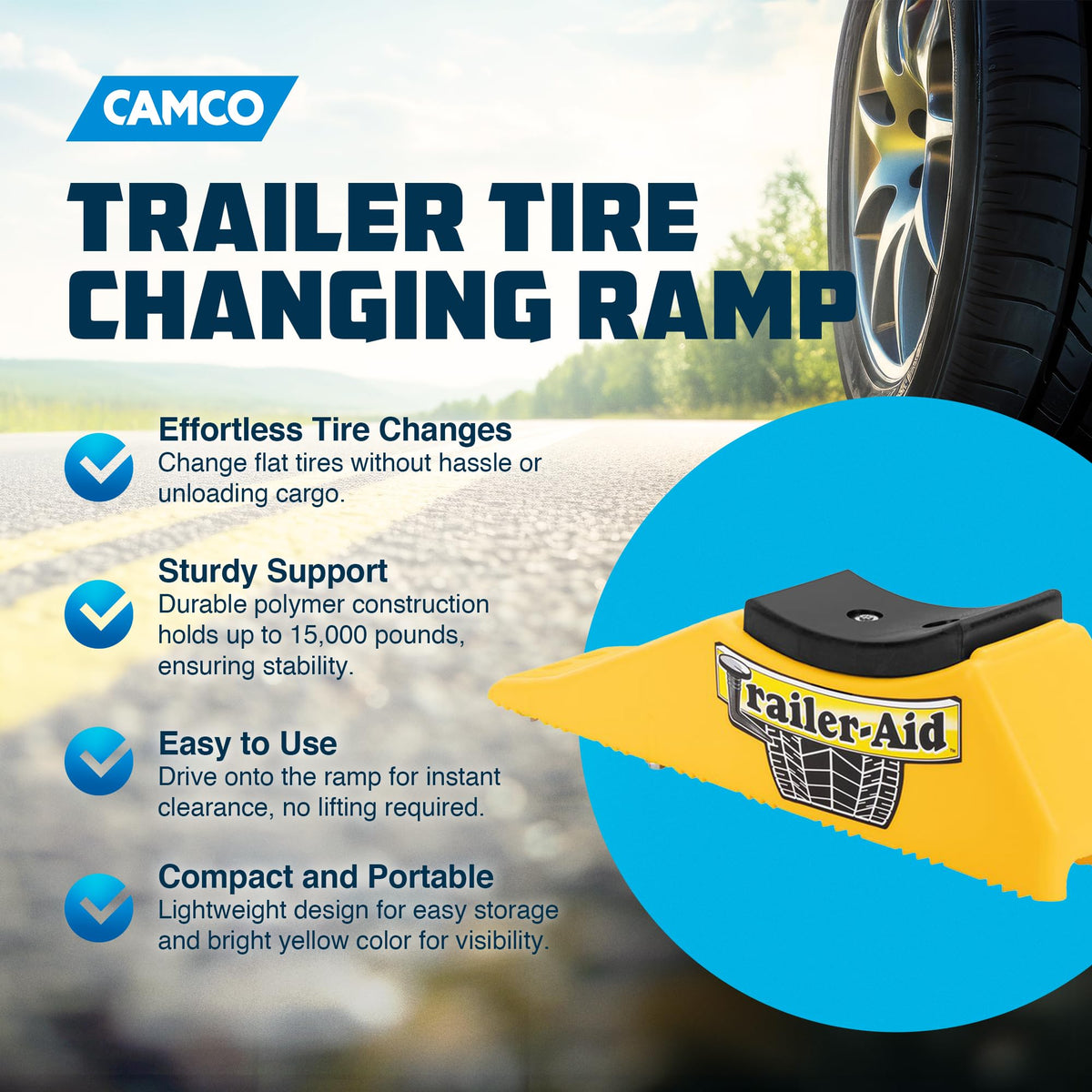 CAMCO 23 Camco Trailer Aid Plus Tandem Trailer Flat Tire Changing Ramp with 5.5" Lifting Capability, Holds Up to 15,000 Pounds, Yellow