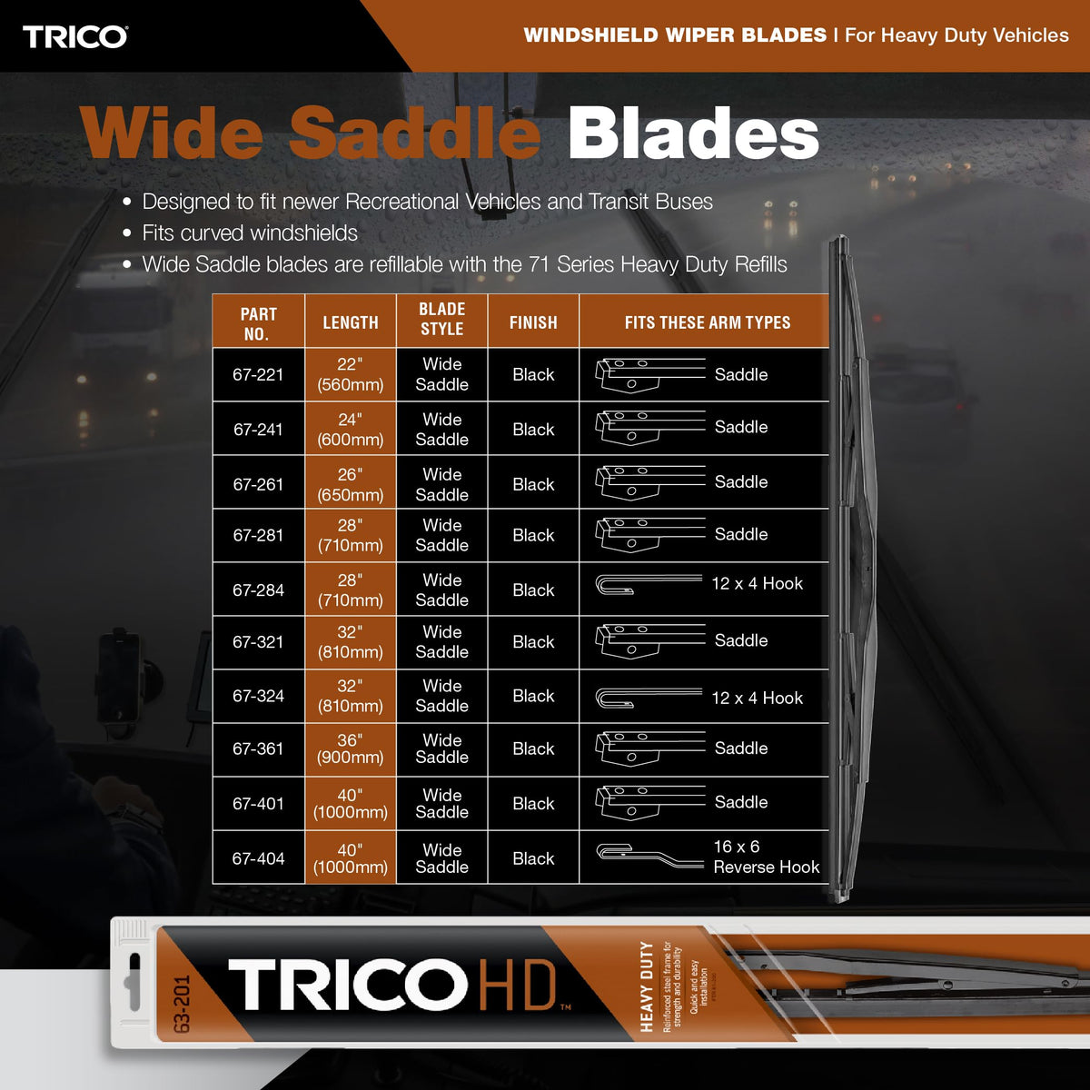 TRICO 67-241 TRICO 24 Inch 67 Series Heavy Duty Black Wide Saddle Wiper Blade for Curved Windshields, 1 Pack (67-241)