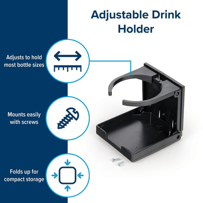 CAMCO 44044 Camco Camper/RV Drink Holder - Features Adjustable Space-Saving Design & Holds Almost Any Size Mug, Cup, Bottle or Can - Extra Cup Holder for Cars, Trucks, RVs, Vans, Boats, and More - Black (44044)