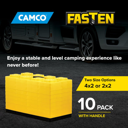 CAMCO 44515 Camco Fasten RV Leveling Blocks - Features Interlocking Design for Customizable Height - Carrying Handle Twists to Secure Blocks for RV Storage - 17” x 8.5” x 1”, Yellow, 10-Pack (21023)
