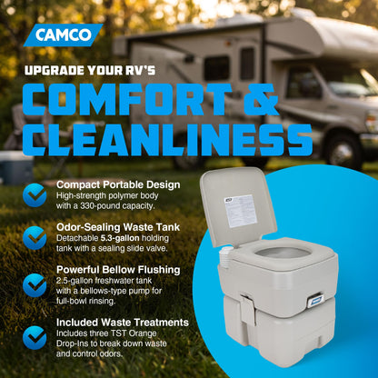CAMCO 41541 Camco 5.3-Gallon Portable Toilet - Features Detachable Holding Tank w/Sealing Slide Valve & Bellow-Type Flush - Easy Transport w/Compact Lightweight Design & Carry Handle - Gray (41541)