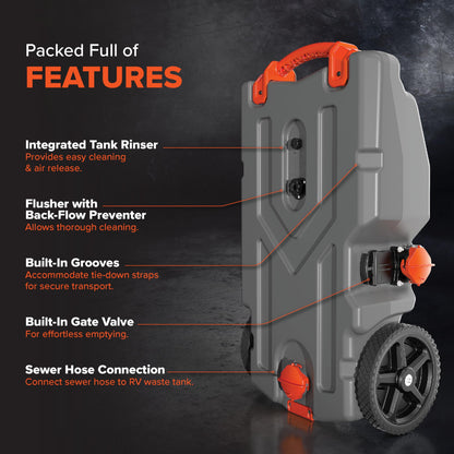 CAMCO 39004 Camco Rhino 28-Gallon Camper/RV Tote Tank - Features Large Heavy-Duty No-Flat Wheels & Built-in Gate Valve - Removable Steel Tow Adapter, 3’ Sewer Hose & More RV Accessories (39004)