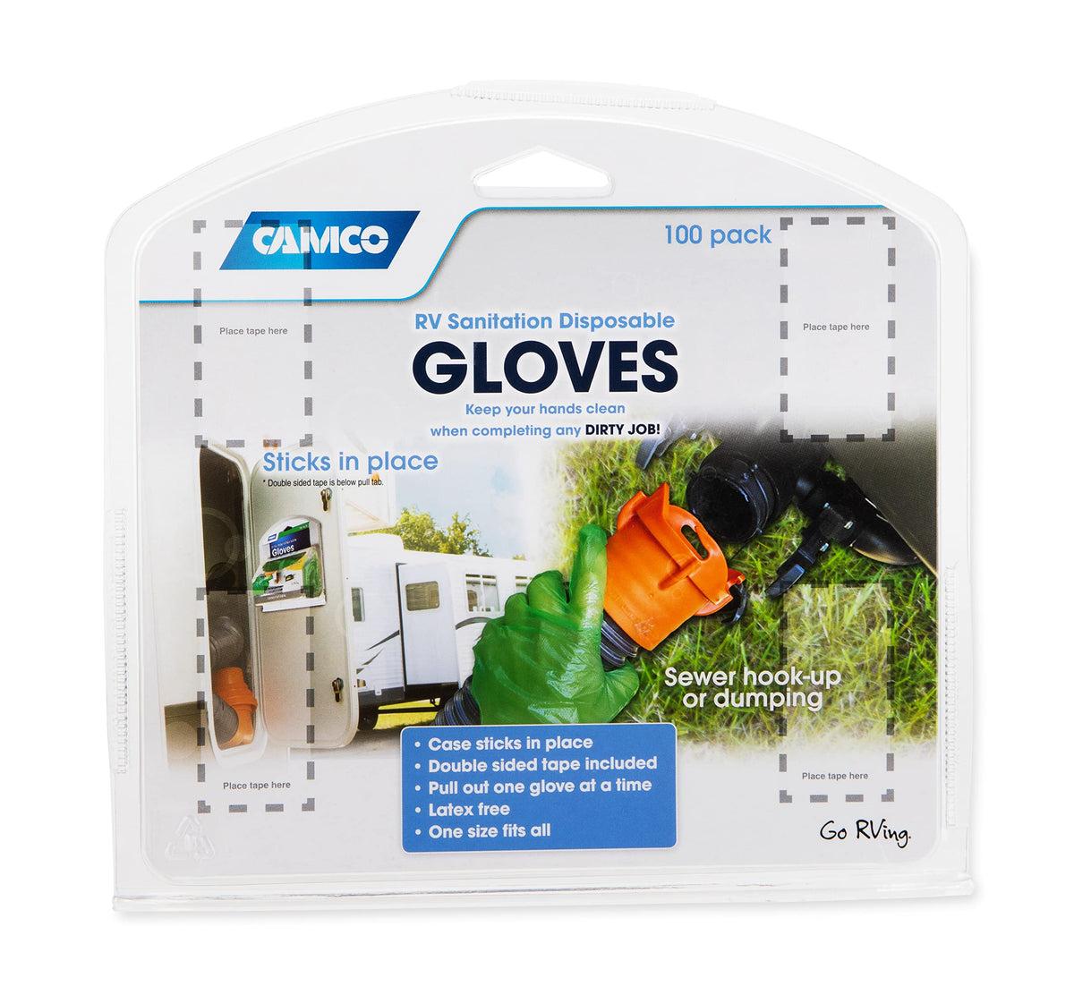 CAMCO 40285 Camco Durable All Purpose RV and Camper Disposable Sanitation Gloves | Ideal in Wet or Dry Conditions | Green Non-Latex Gloves | 100 Pack (40285)