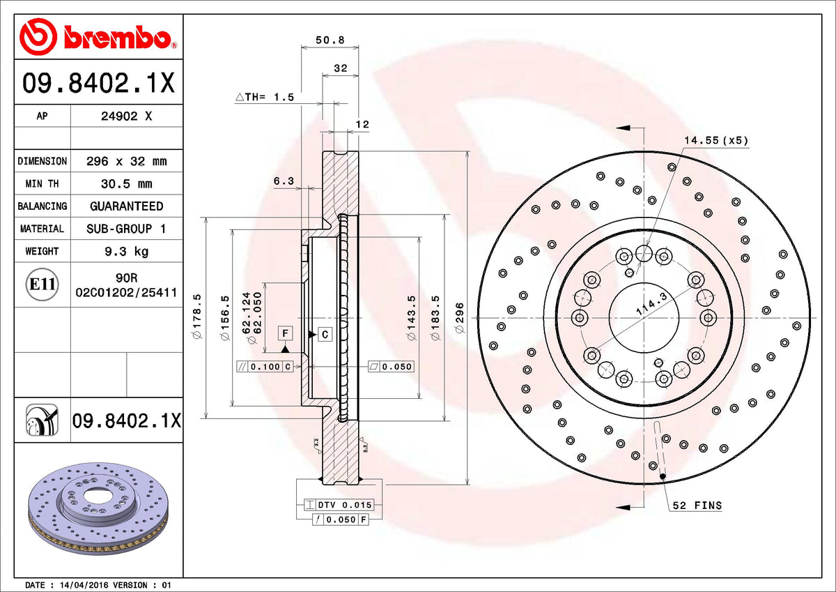 BREMBO 0984021XC02 Brembo 09.8402.1X Xtra UV Coated vented drilled Front Brake Rotor HONGQI/LEXUS/TOYOTA OE# 4351253020