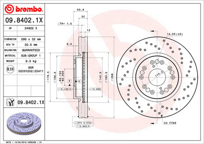 BREMBO 0984021XC02 Brembo 09.8402.1X Xtra UV Coated vented drilled Front Brake Rotor HONGQI/LEXUS/TOYOTA OE# 4351253020