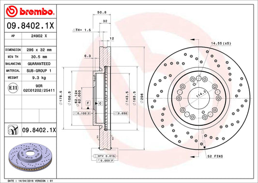 BREMBO 0984021XC02 Brembo 09.8402.1X Xtra UV Coated vented drilled Front Brake Rotor HONGQI/LEXUS/TOYOTA OE# 4351253020