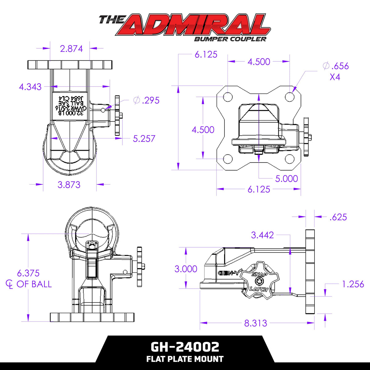 GEN-Y HITCH GH-24002 GEN-Y Hitch Flat Plate Mount Trailer Coupler with SnapLatch for 2 5/16" Ball, 32,000 lbs Towing Capacity, 3,200 lbs Tongue Weight, Made in USA, Black