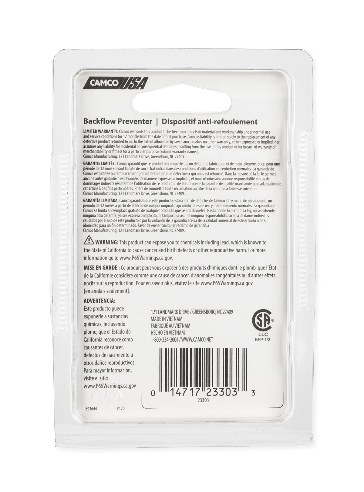 CAMCO 23303 Camco RV Water Heater Backflow Preventer - Features a Heavy-Duty Brass with a Stainless Spring Construction and a 1/2"-14 NPT Male x 1/2"-14 NPT Female (23303)