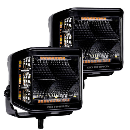 GO RHINO 750700322FCS Go Rhino Xplor Lighting: Blackout Combo Series 4x3 LED Cube Sideline Flood Lights (Pair) | Surface Mount (Threaded Stud Mount) Aluminum, Black | 750700322FCS