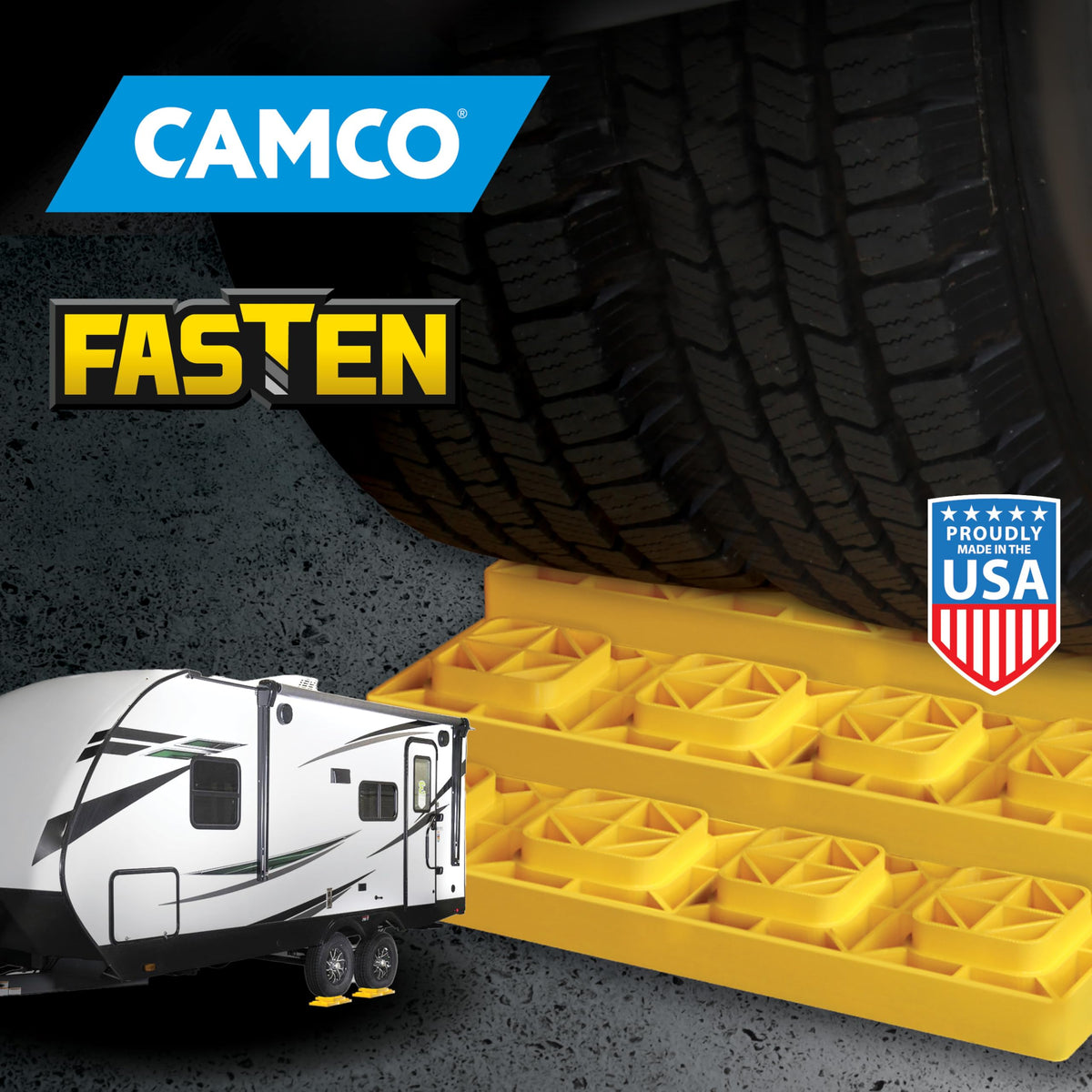 CAMCO 44515 Camco Fasten RV Leveling Blocks - Features Interlocking Design for Customizable Height - Carrying Handle Twists to Secure Blocks for RV Storage - 17” x 8.5” x 1”, Yellow, 10-Pack (21023)