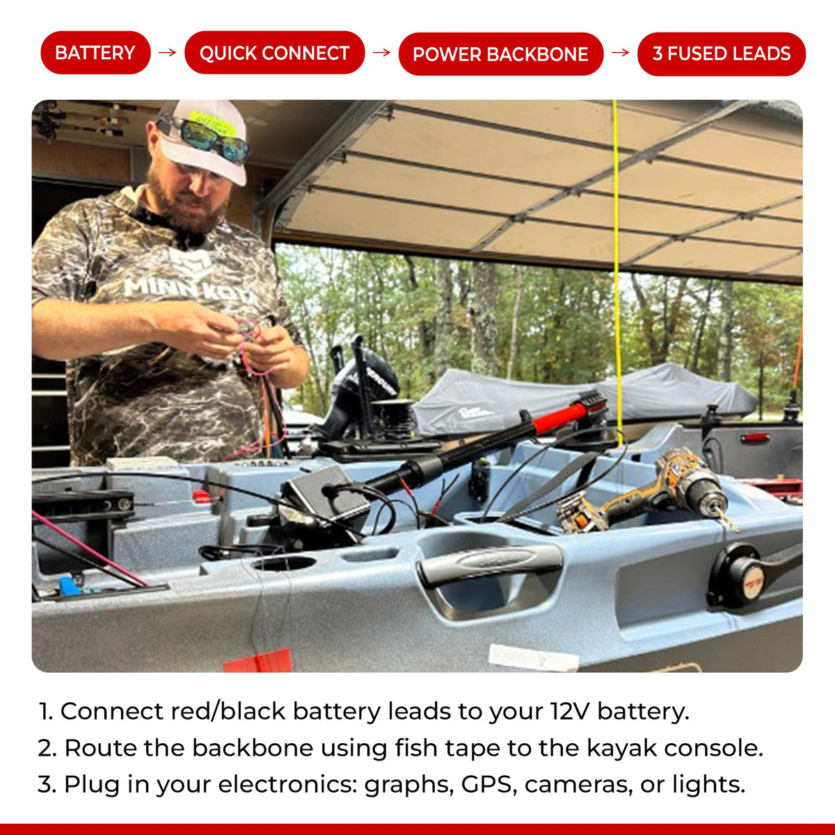 CONNECT EASE RCE12VGPYAK Connect-Ease Yak-Ease Kayak Wiring Harness Kit RCE12VGPYAK | 8-Foot 10 AWG Wire, 3 Fused Drops | Powers Fish Finder, GPS & Kayak Fishing Accessories | 12V Quick Connect Plug, Marine-Grade Wiring Kit