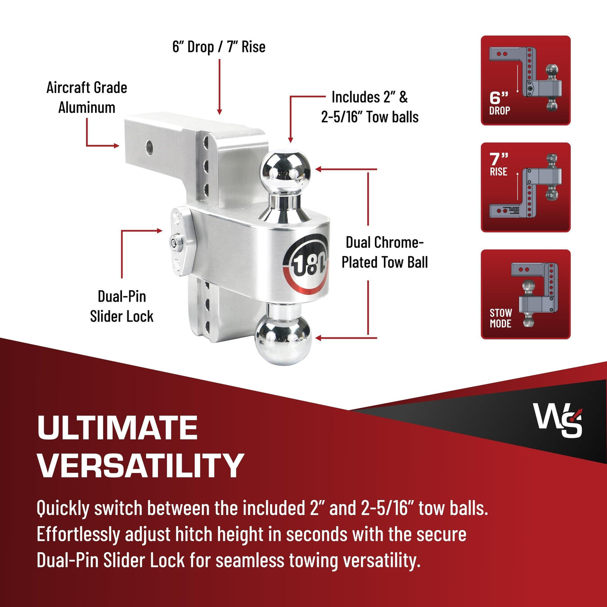 WEIGH SAFE CTB6-2.5-KA Weigh Safe Adjustable Trailer Hitch Ball Mount, 6" Adjustable Drop Hitch for 2.5" Receiver w/ 2 pc Keyed Alike Lock Set, Heavy Duty Aluminum Trailer Tow Hitch w/ Chrome Plated Tow Balls, 18,500 GTW