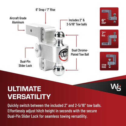 WEIGH SAFE CTB6-2.5-KA Weigh Safe Adjustable Trailer Hitch Ball Mount, 6" Adjustable Drop Hitch for 2.5" Receiver w/ 2 pc Keyed Alike Lock Set, Heavy Duty Aluminum Trailer Tow Hitch w/ Chrome Plated Tow Balls, 18,500 GTW