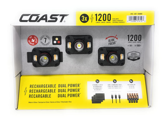 Coast Coast CH1200R Rechargeable Dual Power LED Headlamp, 1200 Lumens, 3-Pack