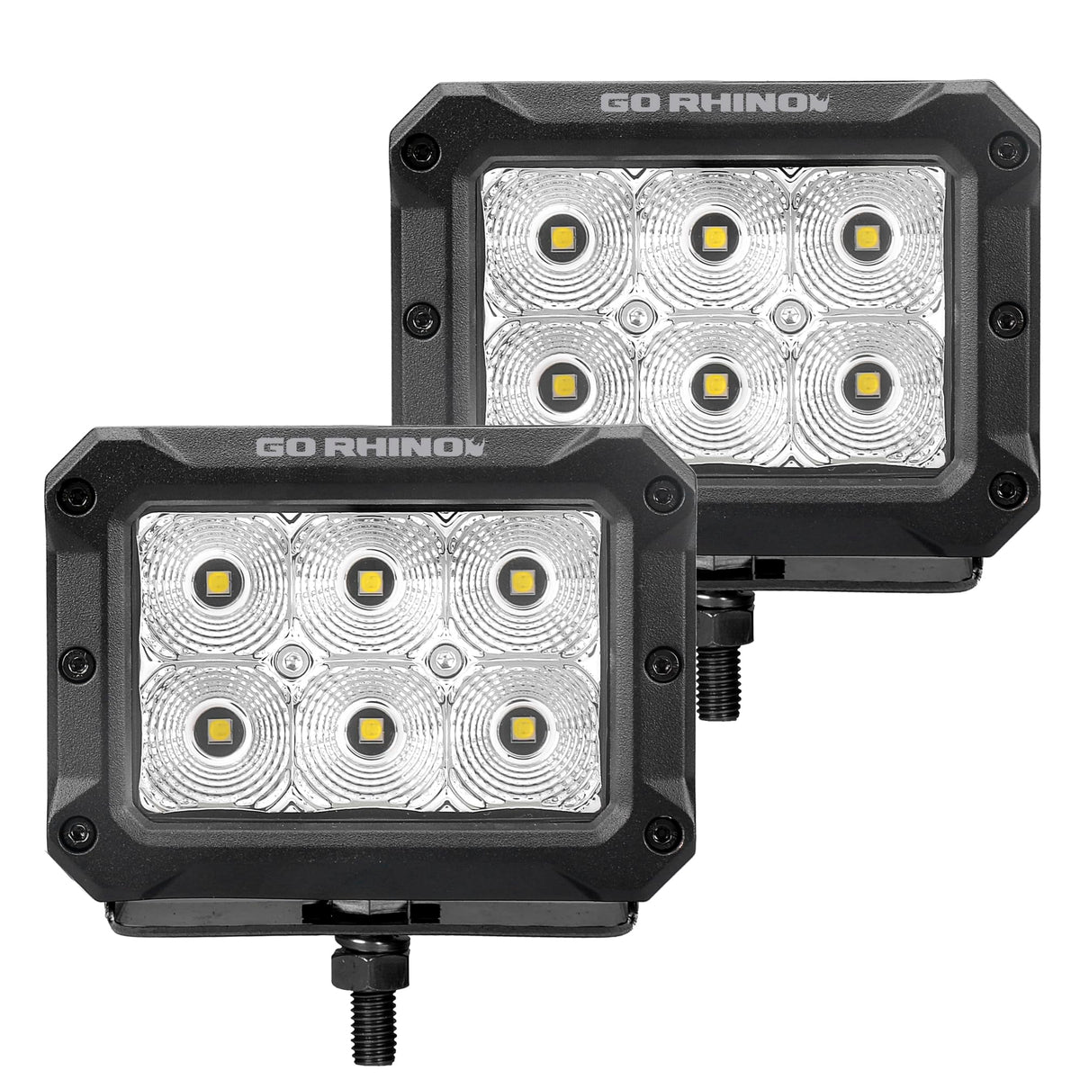 GO RHINO 753003023FBS Go Rhino Xplor Lighting: Bright Series 4x3 Rectangle Flood Light Kit (Pair) | Surface Mount (Threaded Stud Mount) Aluminum, Black | 753003023FBS