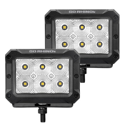 GO RHINO 753003023FBS Go Rhino Xplor Lighting: Bright Series 4x3 Rectangle Flood Light Kit (Pair) | Surface Mount (Threaded Stud Mount) Aluminum, Black | 753003023FBS