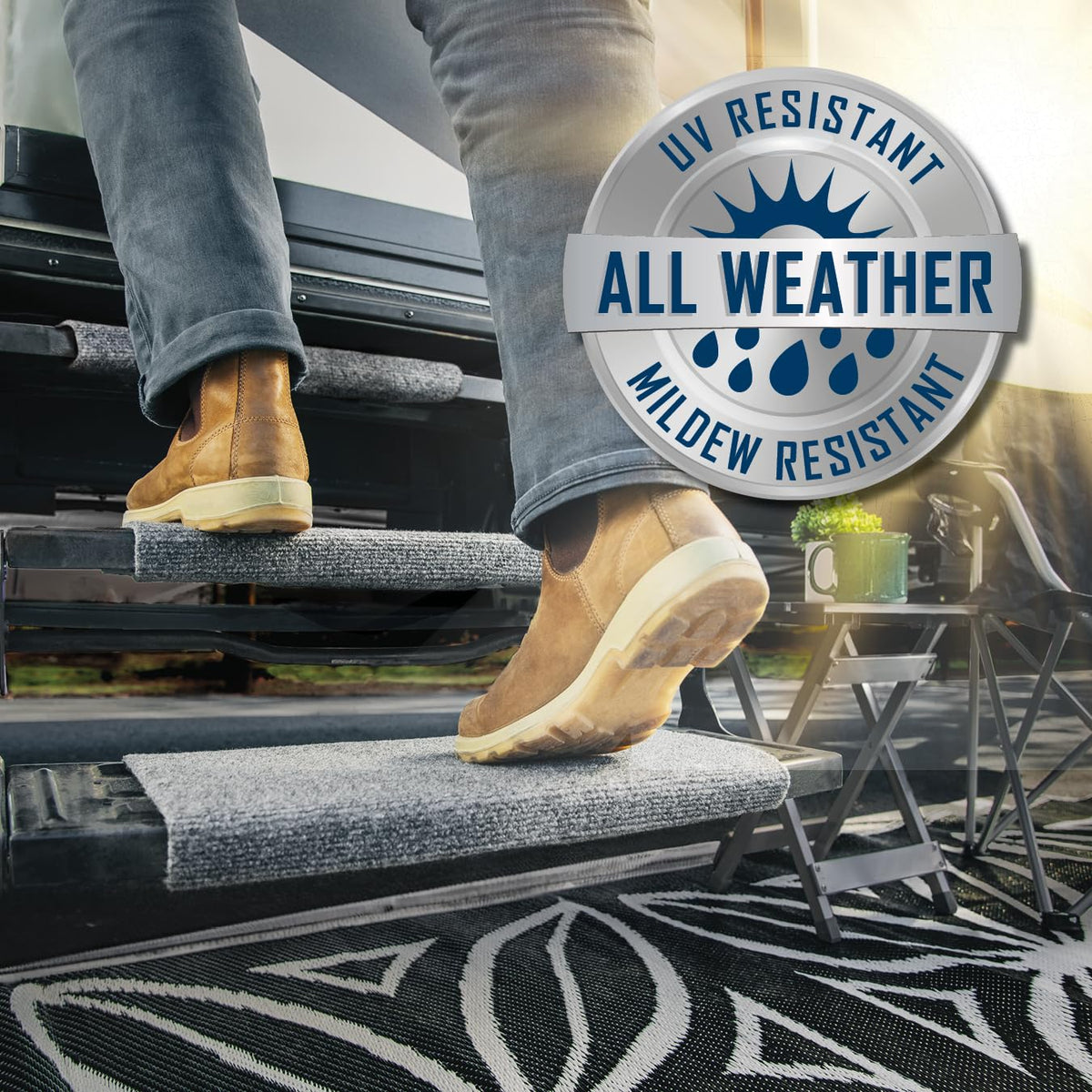 CAMCO 42925 Camco Wrap Around RV Step Rug - for Manual & Electric RV Steps - Easy Install, No Tools Required - Fits 18" Wide RV Steps - Weather-Resistant (42925)