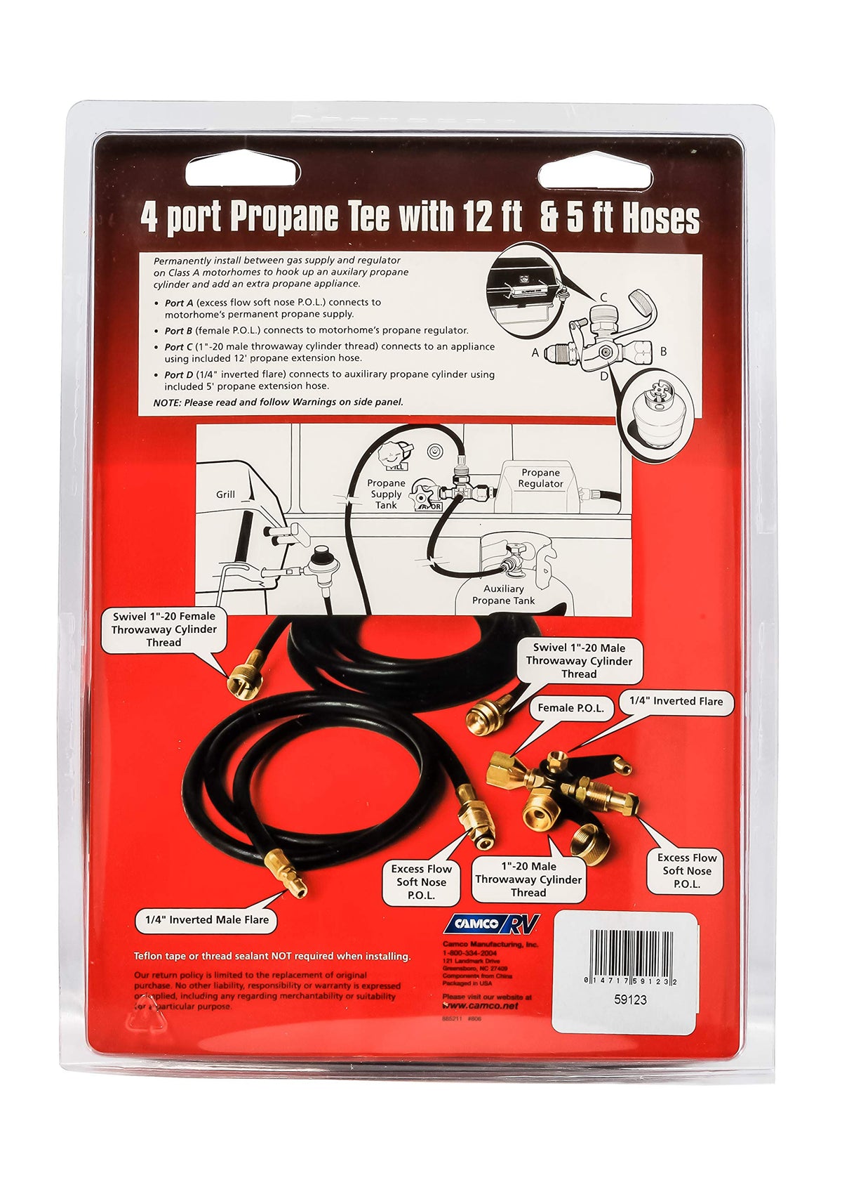 CAMCO 59123 Camco Propane Brass 4 Port Tee- Comes with 5ft and 12ft Hoses, Allows for Connection Between Auxiliary Propane Cylinder and Propane Appliances (59123), Black