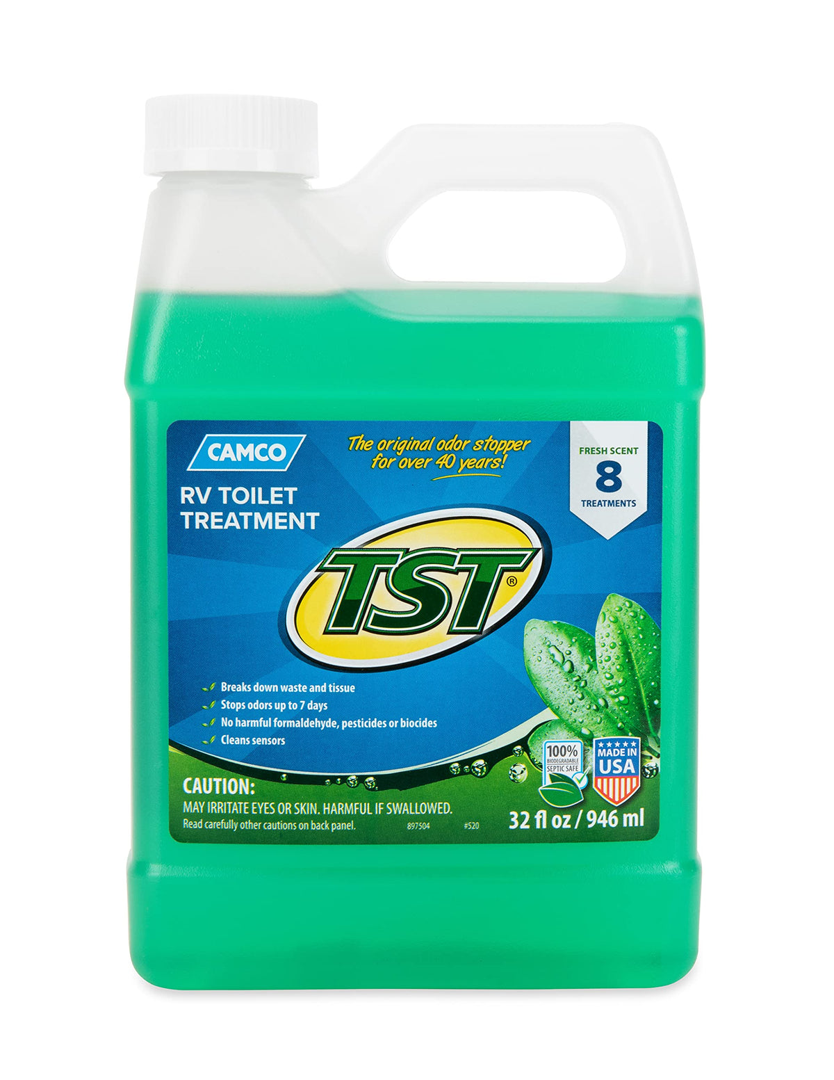 CAMCO 40226 Camco TST Fresh Scent RV Toilet Treatment - Formaldehyde Free - Breaks Down Waste And Tissue - Septic Tank Safe - Treats up to 8-40 Gallon Holding Tanks (32 Ounce Bottle) (40226)
