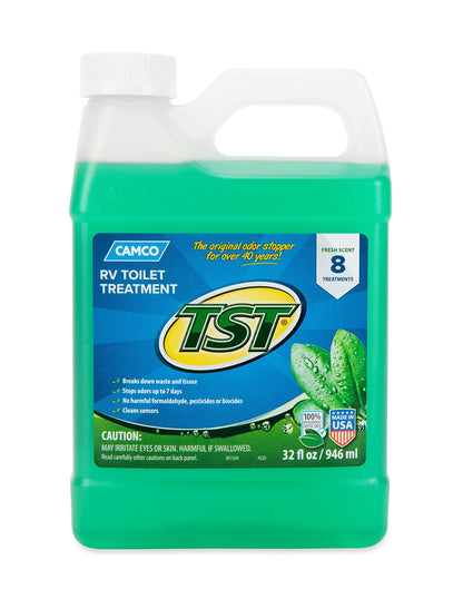 CAMCO 40226 Camco TST Fresh Scent RV Toilet Treatment - Formaldehyde Free - Breaks Down Waste And Tissue - Septic Tank Safe - Treats up to 8-40 Gallon Holding Tanks (32 Ounce Bottle) (40226)