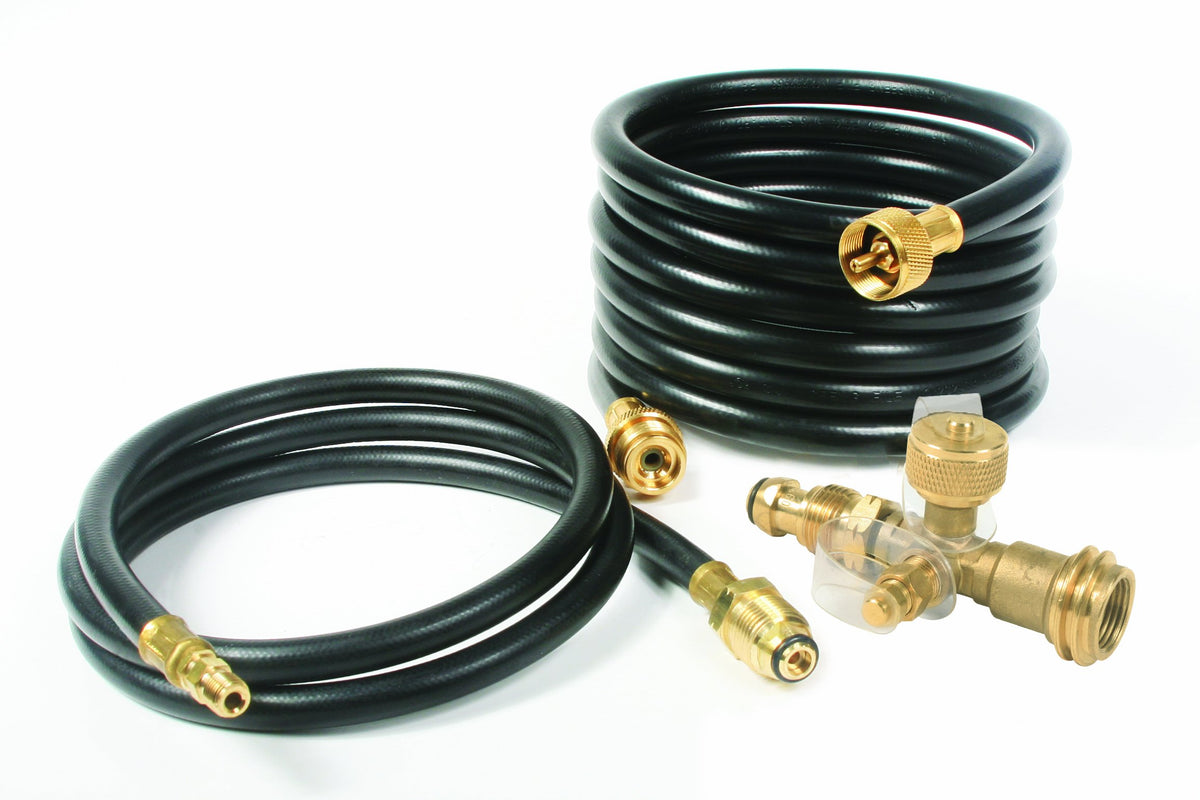 CAMCO 59123 Camco Propane Brass 4 Port Tee- Comes with 5ft and 12ft Hoses, Allows for Connection Between Auxiliary Propane Cylinder and Propane Appliances (59123), Black