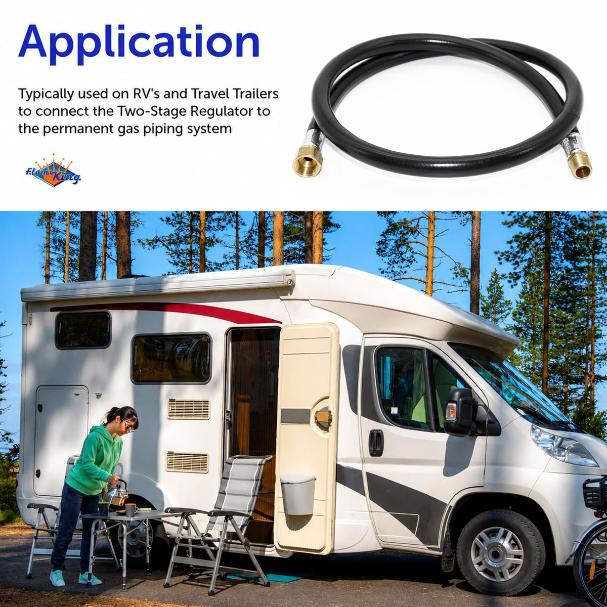 FLAME KING MB100383-48 Flame King 48-inch Propane Thermo Plastic Hose Assembly, 3/8-inch ID, 3/8-inch MPT X 1/2-inch Female Flare, for RVs and Travel Trailers