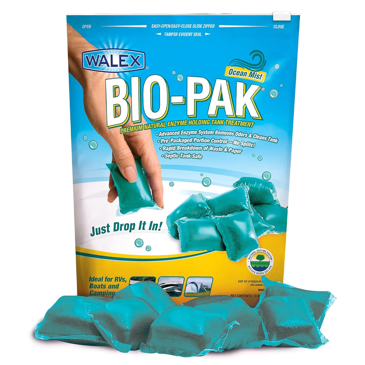 WALEX BIOOCEANBG Walex Bio-Pak RV Black Tank Treatment Drop-Ins - Ocean Mist, 10-Pack