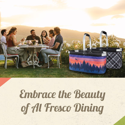 CAMP CASUAL CC-010SSB Picnic Basket for Camping - Collapsable Picnic Basket for Picnics, Grocery, & Festivals - Sturdy Food Picnic Basket with Zipper Pocket & Built-in Clip - 16” x 17” Scenic Sunset Basket, Camp Casual