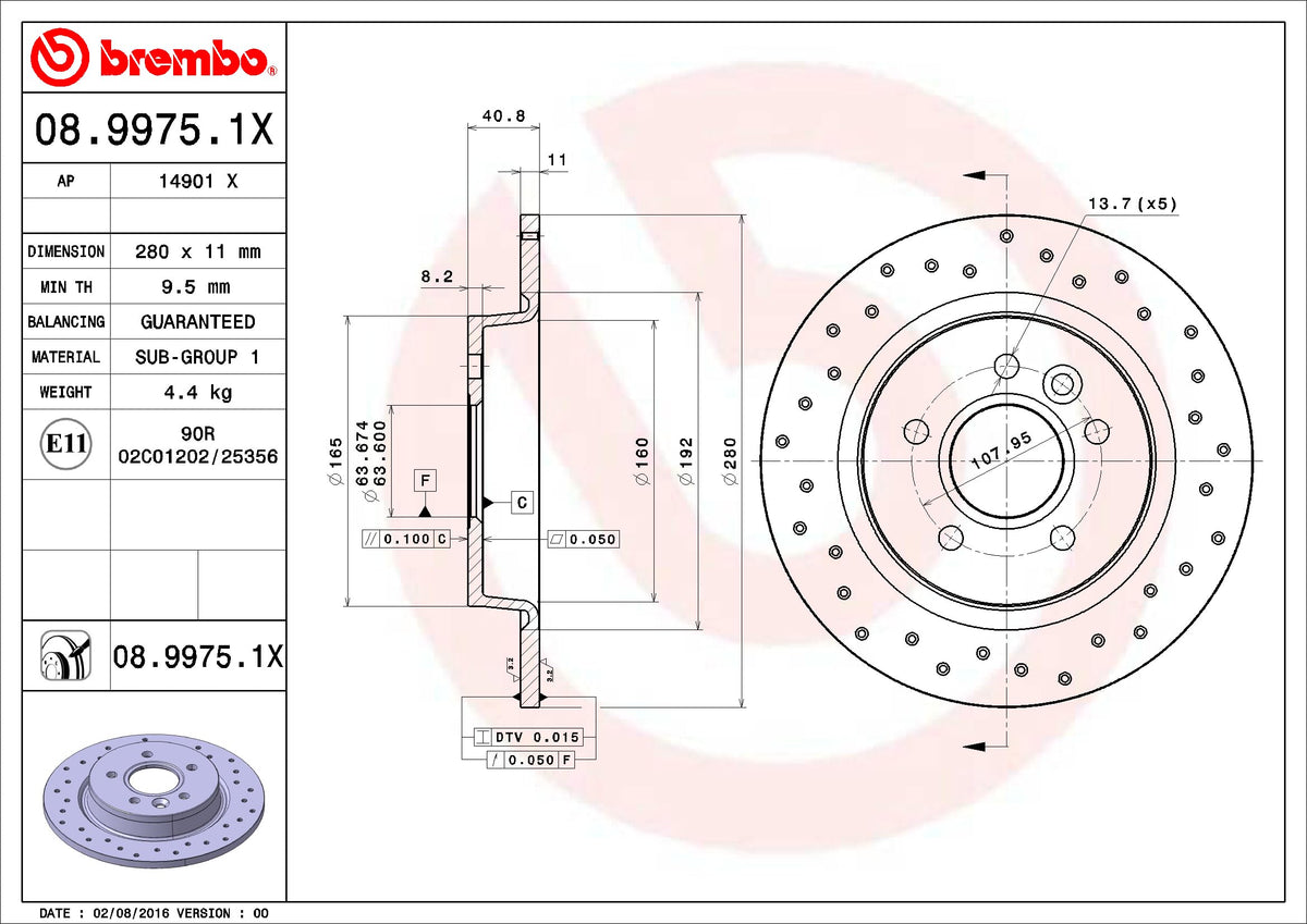 BREMBO 0899751XC02 Brembo 08.9975.1X Xtra UV Coated solid drilled Rear Brake Rotor FORD/VOLVO/VOLVO (CHANGAN) OE# 30769113