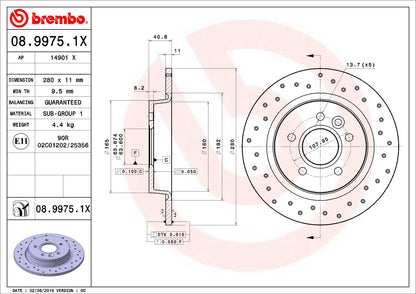 BREMBO 0899751XC02 Brembo 08.9975.1X Xtra UV Coated solid drilled Rear Brake Rotor FORD/VOLVO/VOLVO (CHANGAN) OE# 30769113