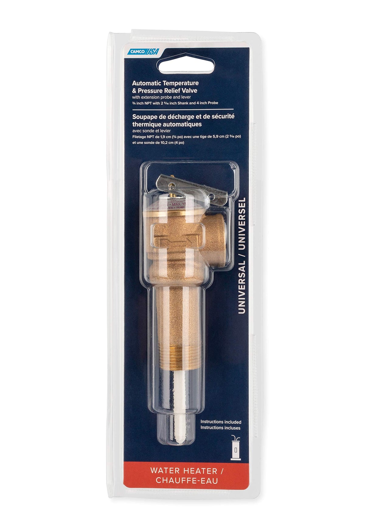CAMCO 10493 Camco 10493 3/4" Temperature and Pressure Relief Valve with 4" Epoxy-Coated Probe - Extended Shank