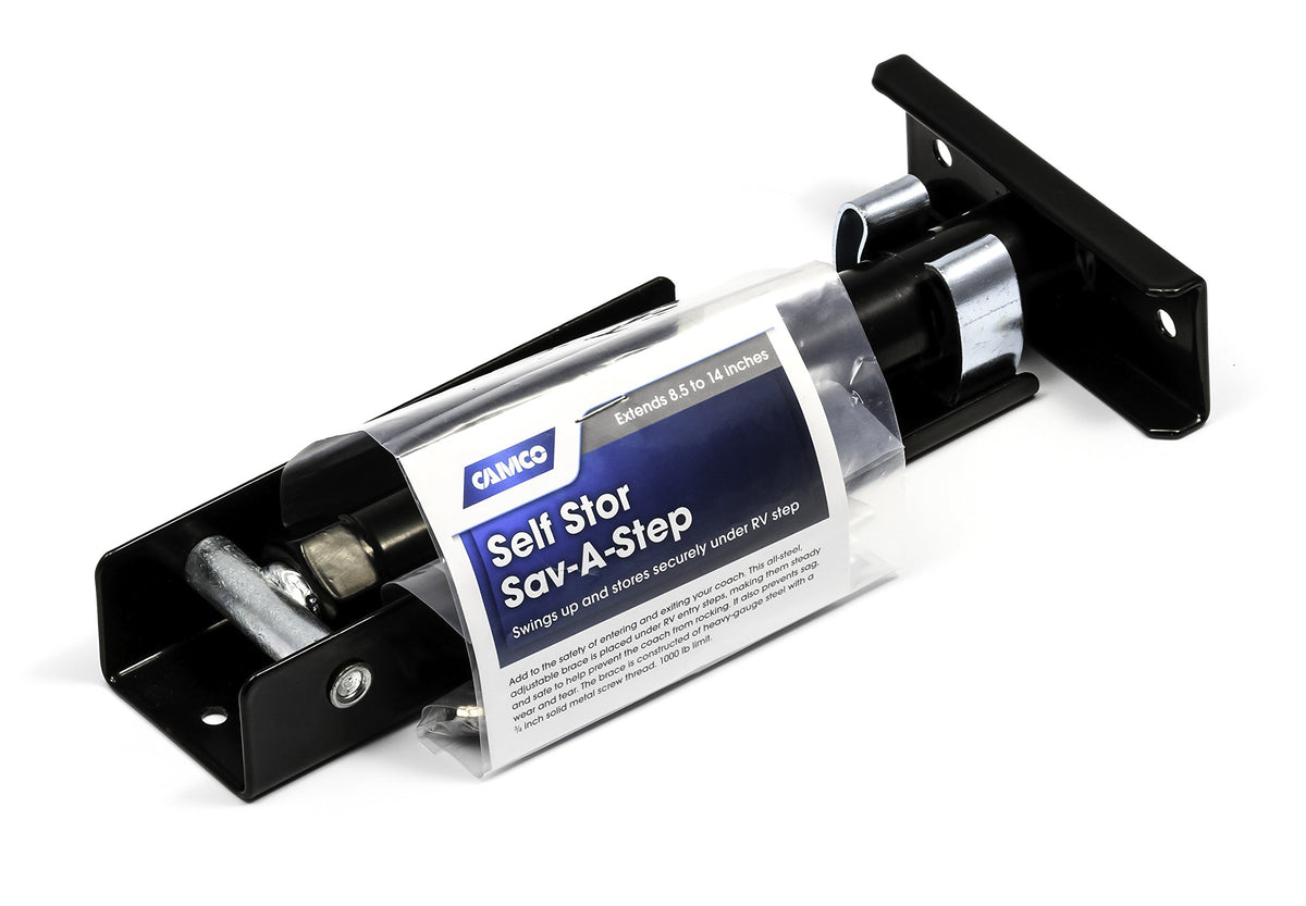 CAMCO 43671 Camco Self Stor RV Step Brace - Stabilizes Camper Steps & Limits Rocking & Sag - Heavy-Gauge Steel Adjustable Design - Extends from 8.5 inches to14 inches High - 1,000lb Weight Rating (43671)