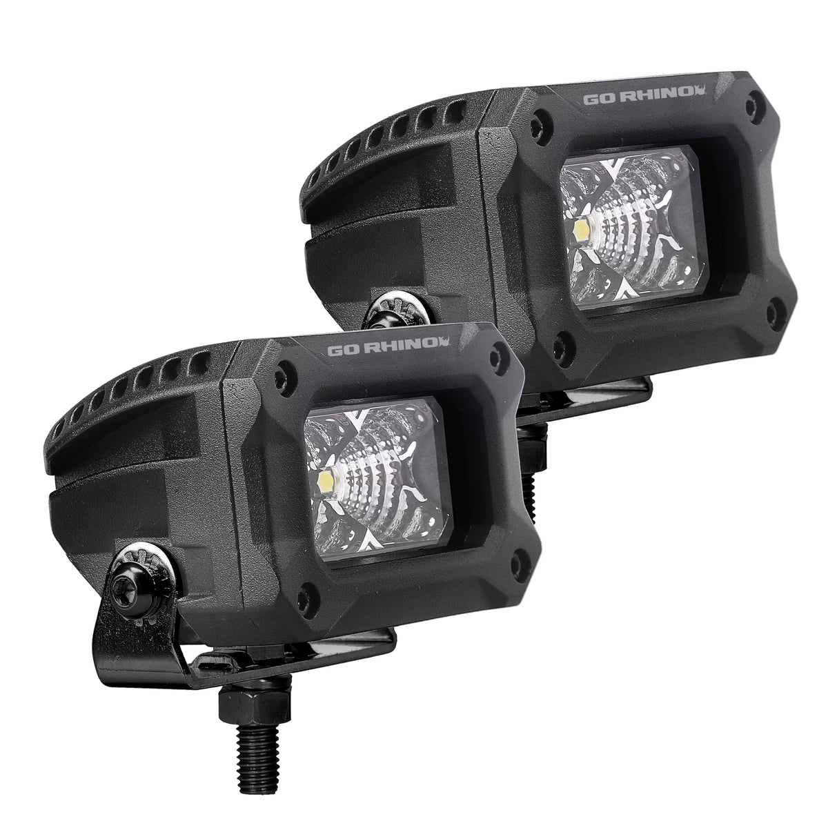 GO RHINO 751003023FBS Go Rhino Xplor Lighting: Bright Series 3x2 Rectangle Flood Light Kit (Pair) – Surface Mount (Threaded Stud Mount) Aluminum, Black – 751003023FBS