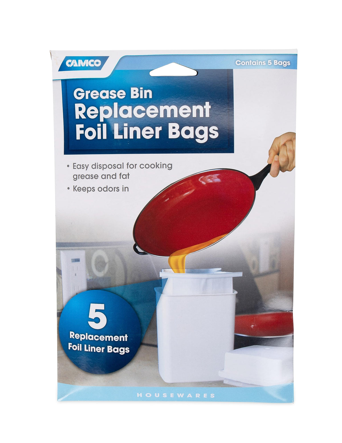 CAMCO 42285 Camco Replacement Grease Storage Bags - Easily Contain and Dispose Used Cooking Grease, Foil Lined Bags Seal in Odor, Prevent Drain Clogs - 5 Pack (42285), White
