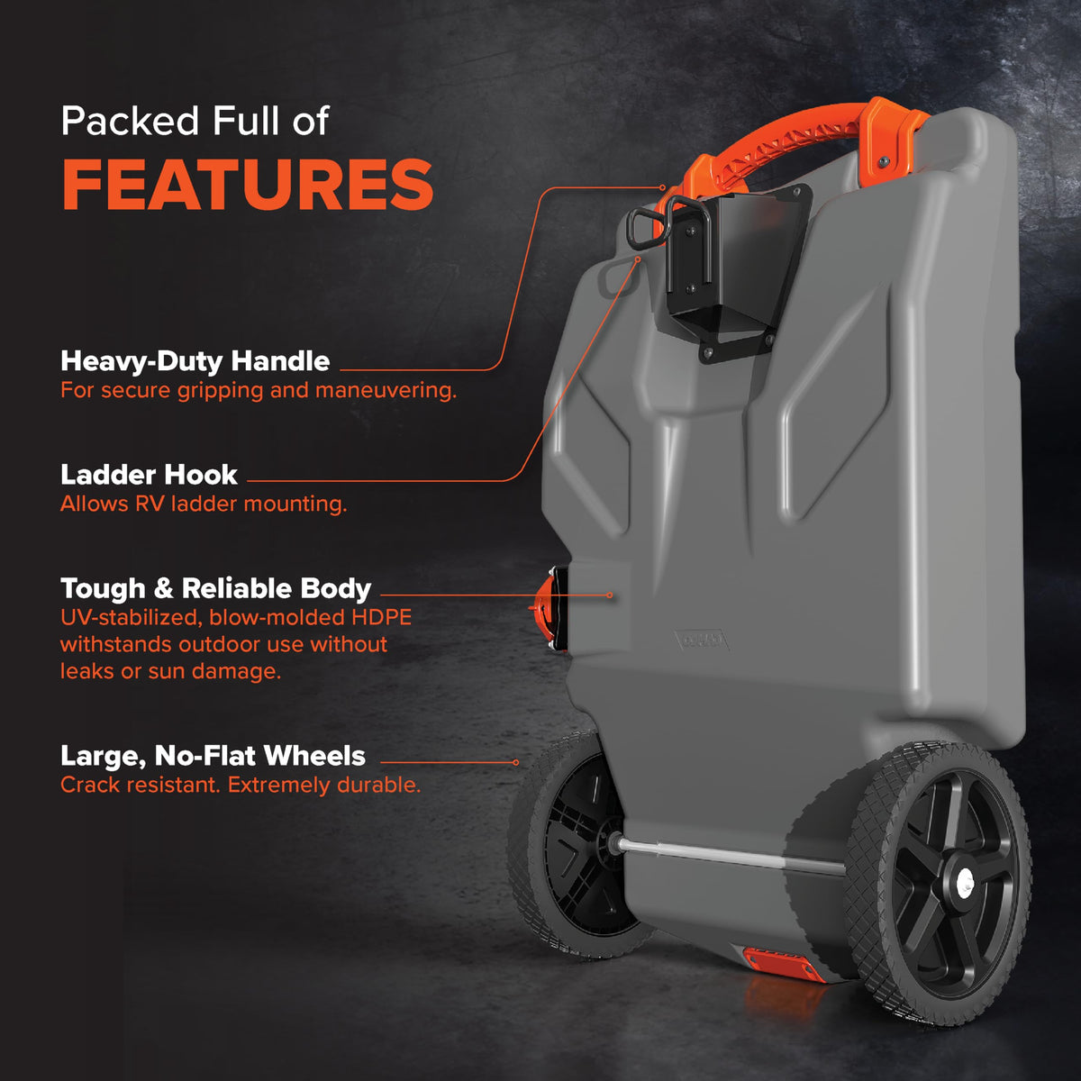 CAMCO 39004 Camco Rhino 28-Gallon Camper/RV Tote Tank - Features Large Heavy-Duty No-Flat Wheels & Built-in Gate Valve - Removable Steel Tow Adapter, 3’ Sewer Hose & More RV Accessories (39004)