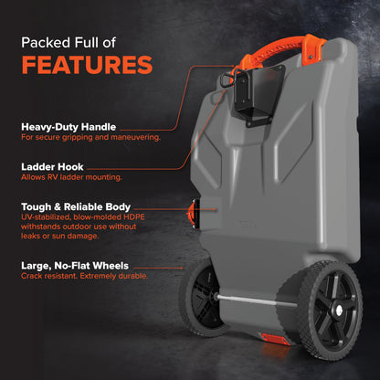 CAMCO 39004 Camco Rhino 28-Gallon Camper/RV Tote Tank - Features Large Heavy-Duty No-Flat Wheels & Built-in Gate Valve - Removable Steel Tow Adapter, 3’ Sewer Hose & More RV Accessories (39004)