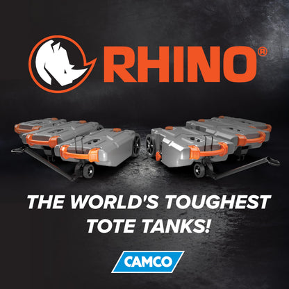 CAMCO 39007 Camco Rhino 36-Gallon Portable Camper/RV Tote Tank - Features 2 Steerable No-Flat Front Wheels & Built-in Gate Valve - Includes Removable 24" Tow Bar, 3’ Sewer Hose & More RV Accessories (39007)