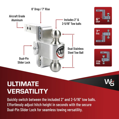 WEIGH SAFE LTB6-2 Weigh Safe Adjustable Trailer Hitch Ball Mount - 6" Adjustable Drop Hitch for 2" Receiver - Premium Heavy Duty Aluminum Trailer Tow Hitch w/ Stainless Steel Tow Balls (2" & 2 5/16") - 12,500 lbs GTW