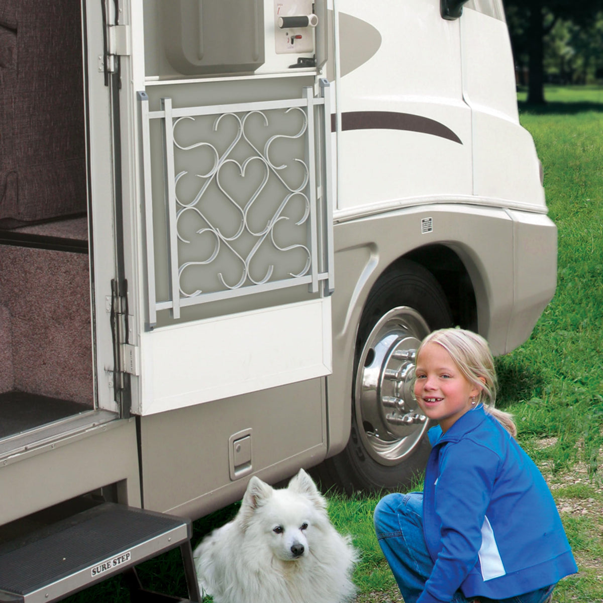 CAMCO 43991 Camco Deluxe Aluminum RV Screen Door Grille - Adds a Sturdy Feel to the RV Door & Provides Protection & Added Security - Adjusts from 20-inches to 32-inches Wide - 43991