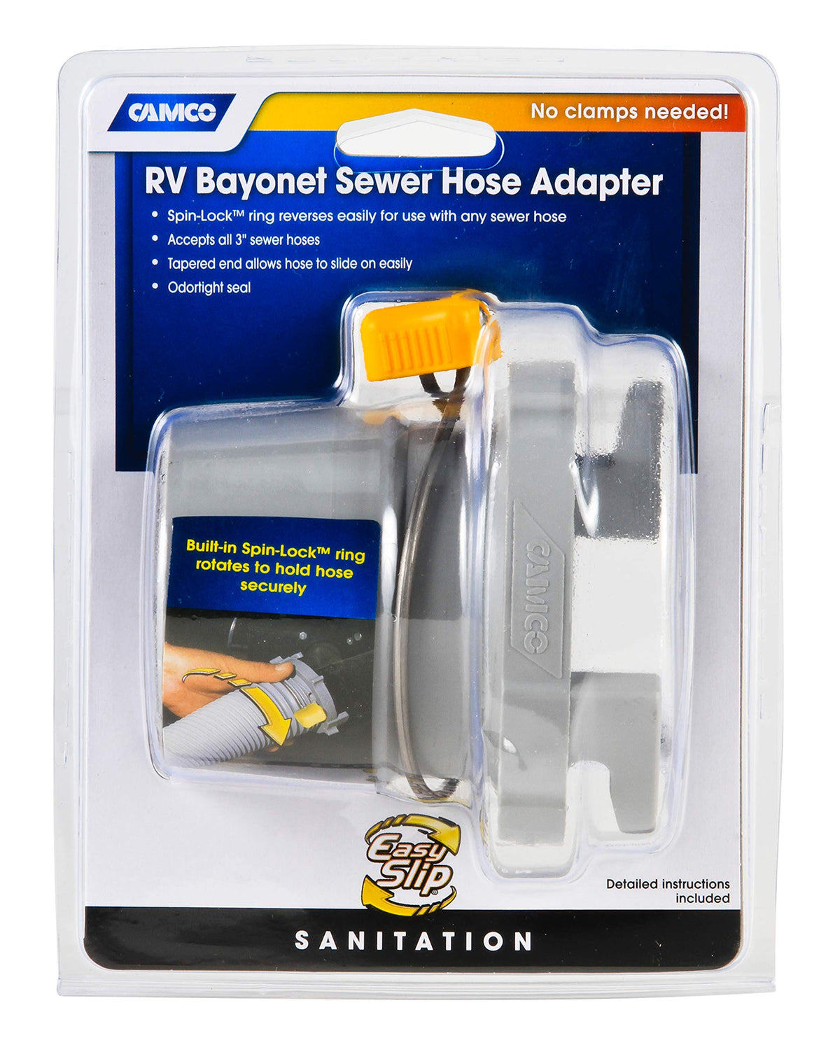 CAMCO 39173 Camco Easy Slip Straight Hose Adapter with Slip-Lock Rings - Securely Connects Your Sewer Hose to RV and Stores with Sewer in Standard 4" Bumper (39173)