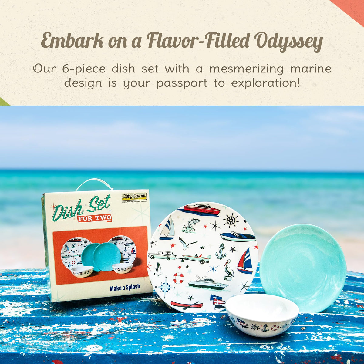 CAMP CASUAL CC-009 Melamine Dinnerware Sets - 6-pc Marine Dish Set - 2 Bowls, 2 Salad & 2 Dinner Melamine Plates for Indoor & Outdoor - BPA Free, Dishwasher Safe, Shatter-Res Dinnerware Set - Camping Dishes, Camp Casual