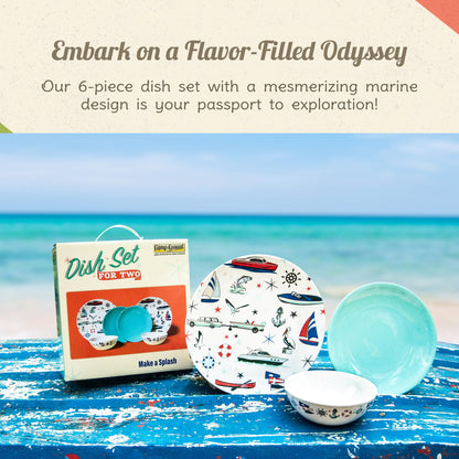 CAMP CASUAL CC-009 Melamine Dinnerware Sets - 6-pc Marine Dish Set - 2 Bowls, 2 Salad & 2 Dinner Melamine Plates for Indoor & Outdoor - BPA Free, Dishwasher Safe, Shatter-Res Dinnerware Set - Camping Dishes, Camp Casual